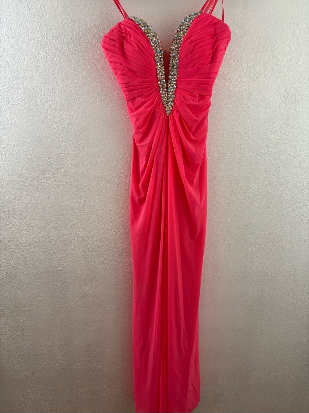 La Femme bright coral-pink evening gown deep plunging sweetheart neckline 00